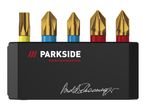 A black bit holder with five golden screwdriver bits, featuring a red and white logo and a white signature.