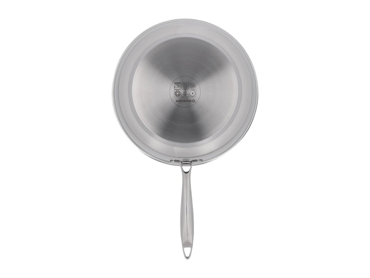 Stainless steel frying pan with a long handle, viewed from the bottom.