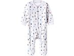 White baby sleepsuit with colorful star patterns and snap buttons.