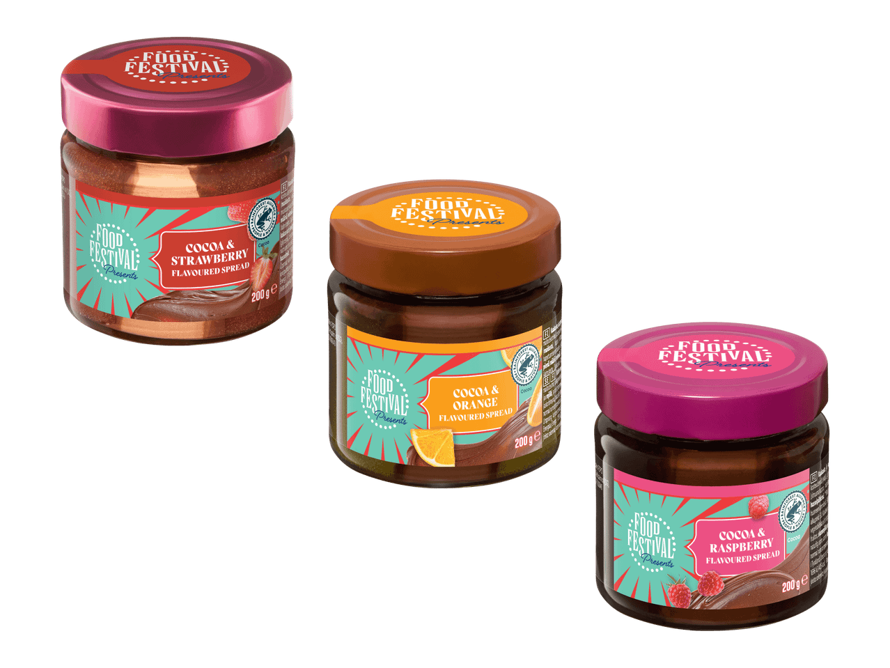 Kolme suklaalevitettä: mansikka, appelsiini ja vadelma, Rainforest Alliance -sertifioitu.