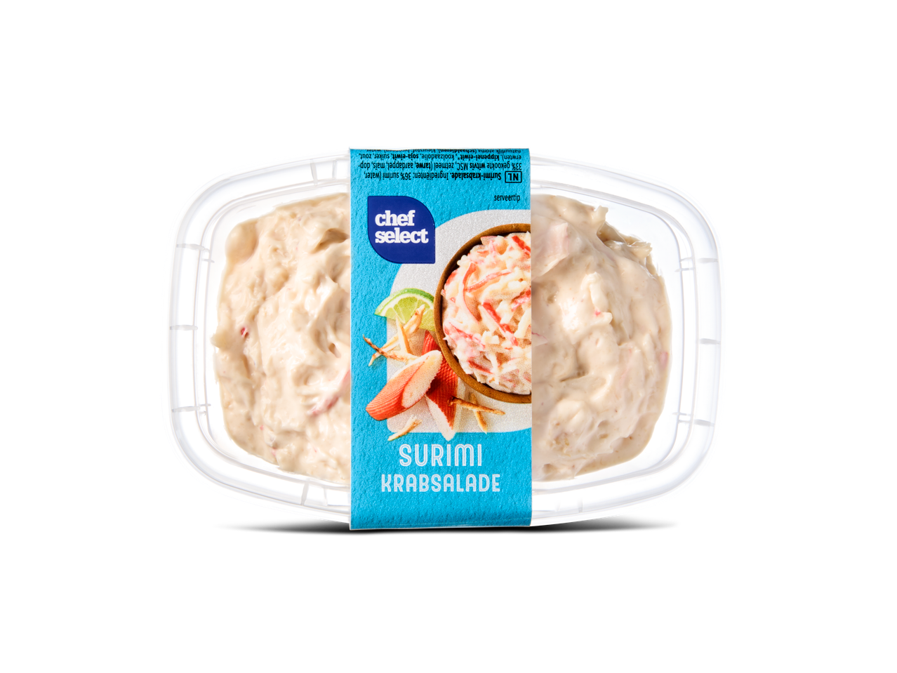 Chef Select surimi-krabsalade in een transparante plastic verpakking
