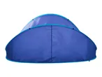 A blue pop-up camping tent with teal trim is shown against a white background.