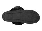 Black faux fur slipper with a textured sole, viewed from the bottom.