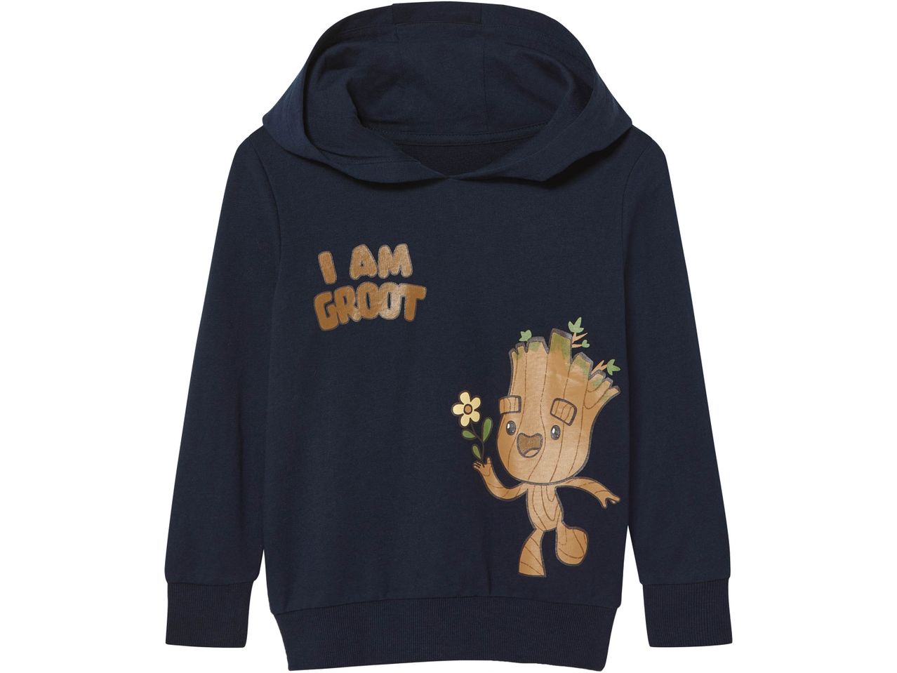 Navy blue hoodie with 'I AM GROOT' text and a Groot character graphic.