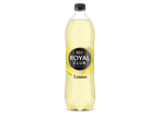 Een plastic fles bitter lemon frisdrank met een zwarte dop tegen een zwarte achtergrond.