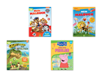 Vier Malbücher für Kinder mit Paw Patrol, Käfer, Dinosauriern und Peppa Wutz.