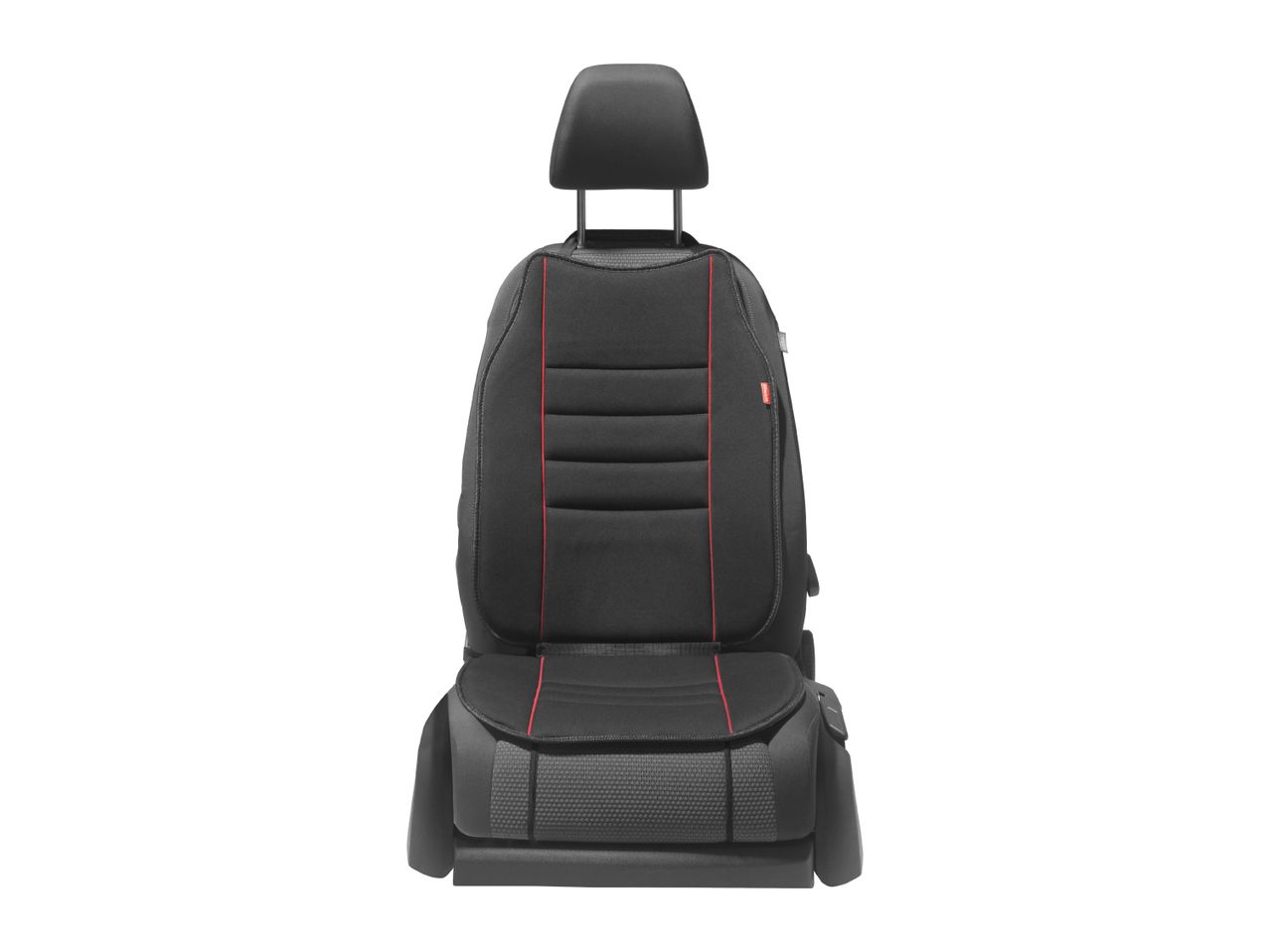 Black car seat with red stitching and headrest on a white background