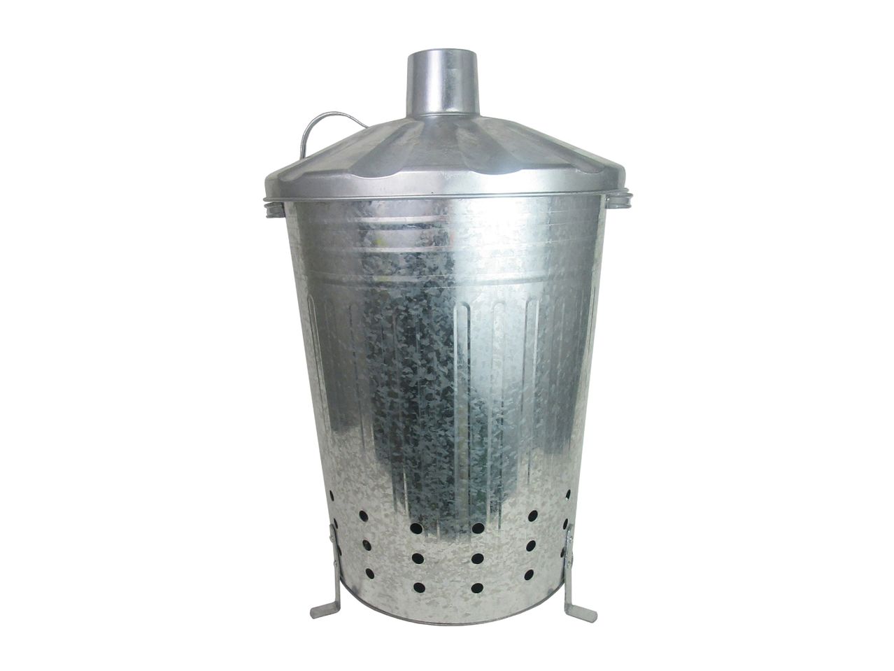 Galvanized steel garden incinerator with a conical lid and ventilation holes.
