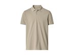 Beige men's polo shirt with short sleeves and a white stripe on the collar.