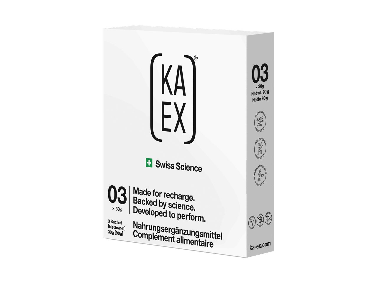 Emballage blanc KA-EX avec texte noir et logo suisse, indiquant un complément alimentaire.