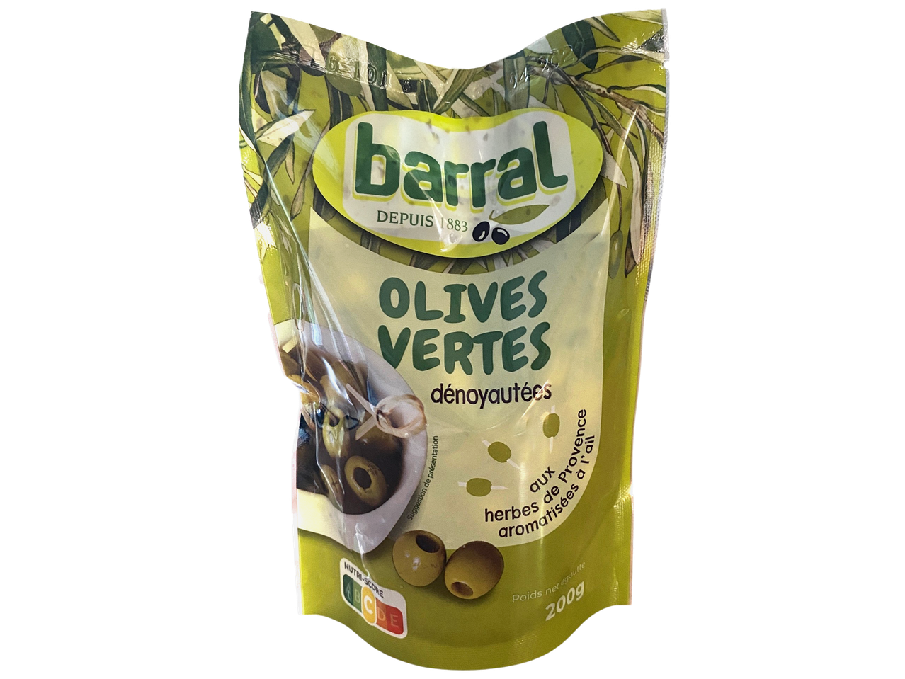 Sachet d'olives vertes dénoyautées aux herbes de Provence et à l'ail, avec Nutri-Score.