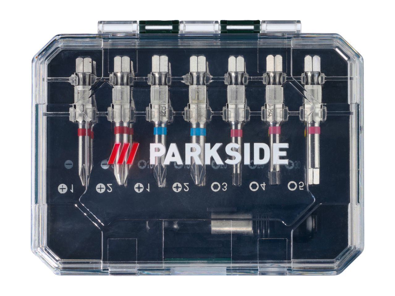 A clear plastic case containing a set of Parkside screwdriver bits.