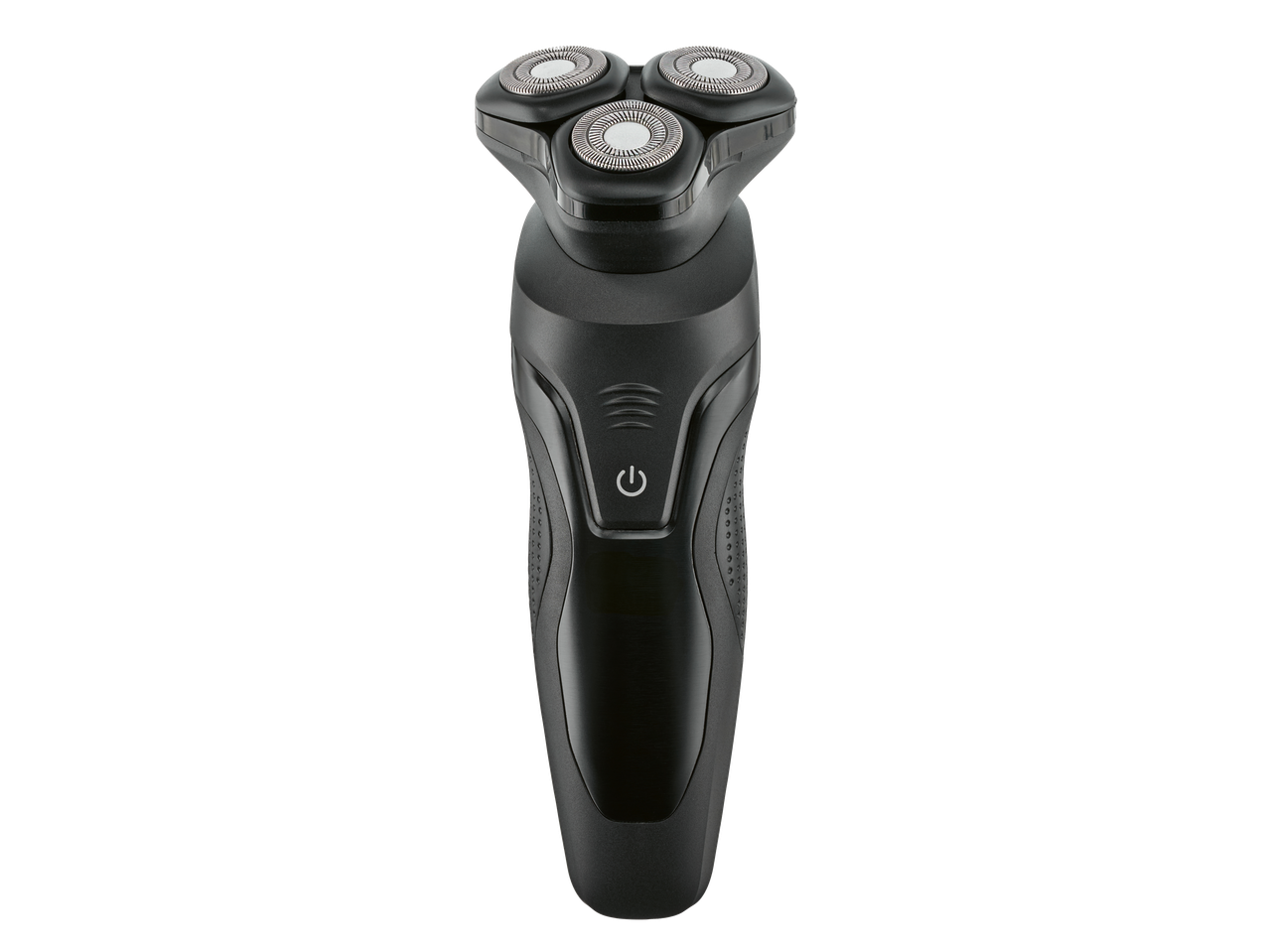 Black electric shaver with three rotary blades and a power button