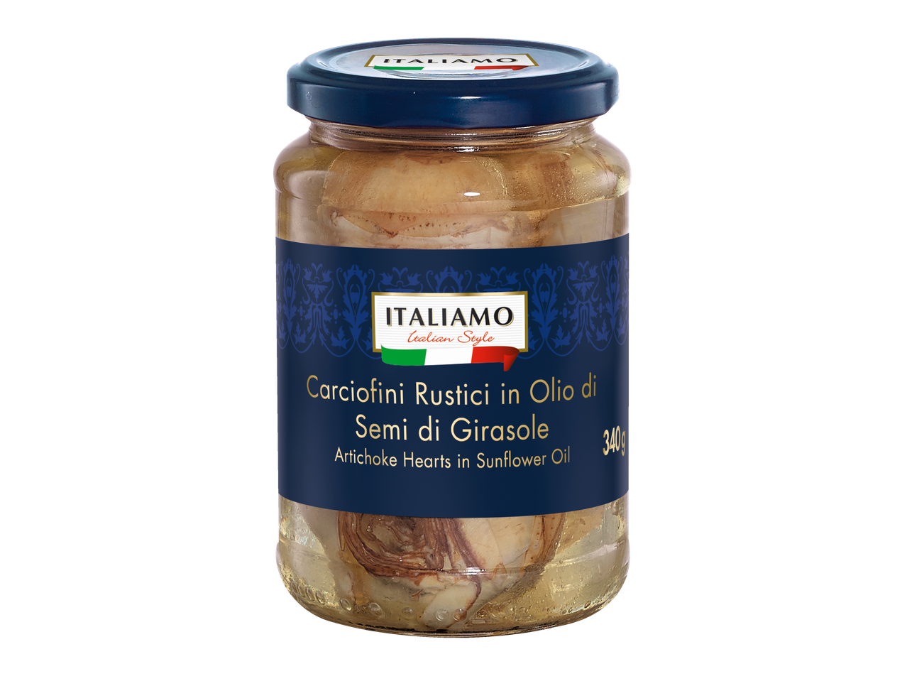 Jar of artichoke hearts in sunflower oil, with a blue label and Italian flag design.