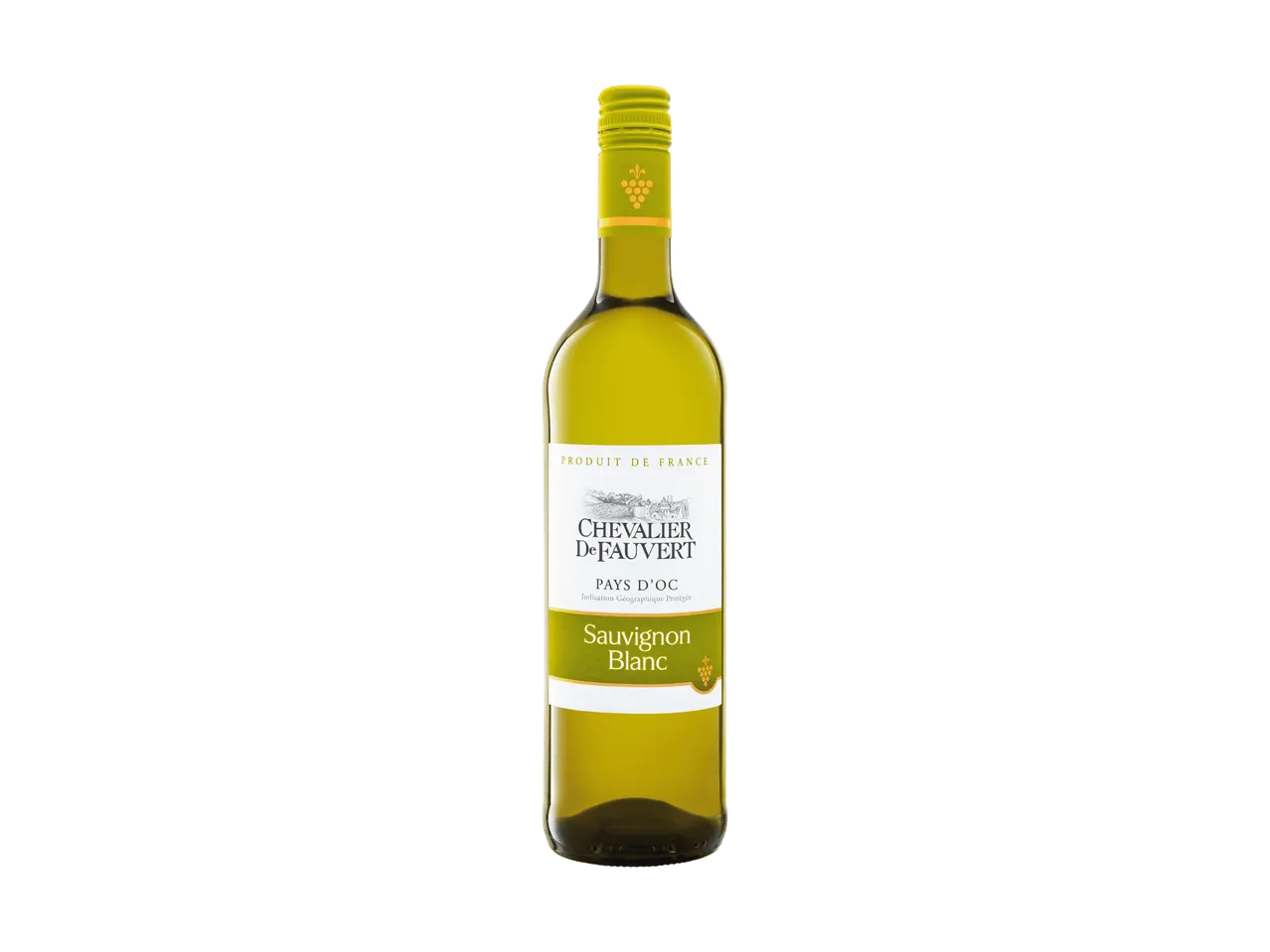 Flasche Weißwein mit grün-weißem Etikett, das Sauvignon Blanc anzeigt.