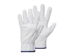 Pair of white leather work gloves with blue trim