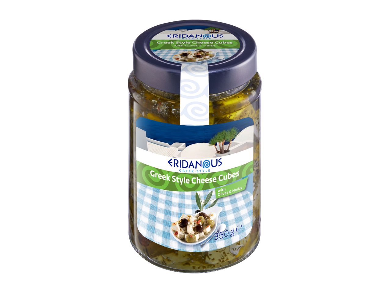 Jar of Greek style cheese cubes with olives and herbs, 350g.