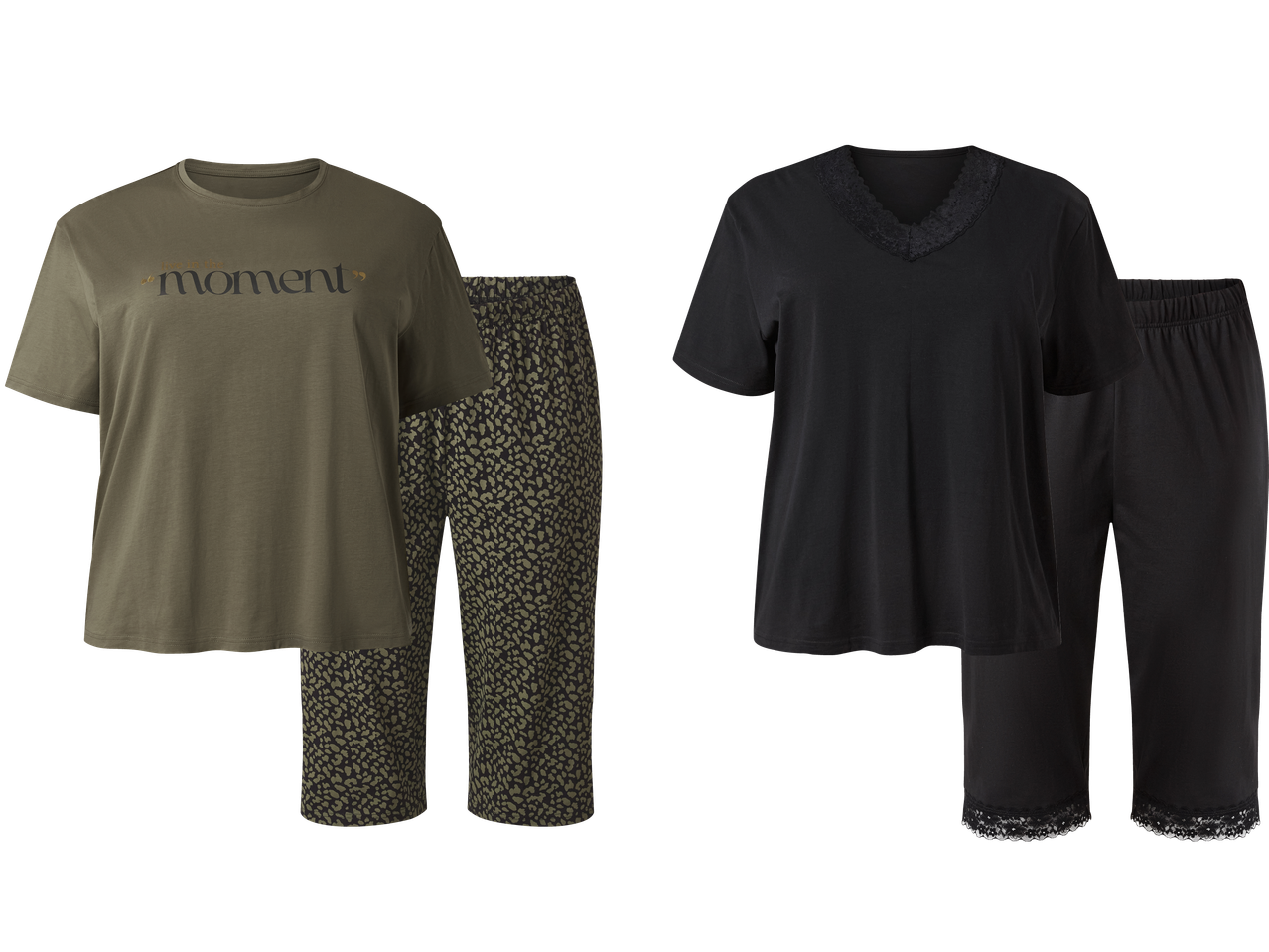 Två pyjamasuppsättningar: en grön med leopardmönstrade byxor och en svart med spetsdetaljer.