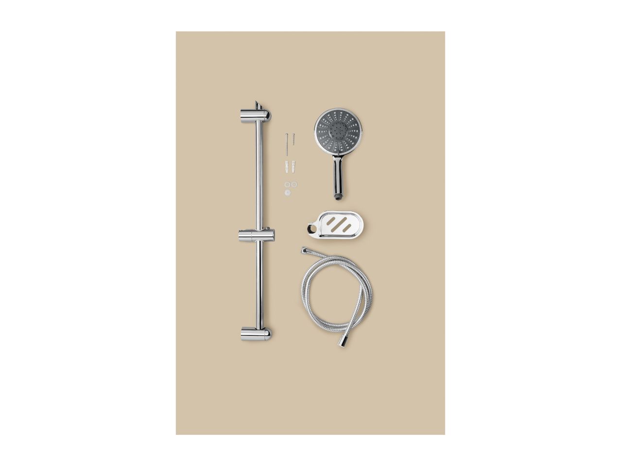 Shower rail set with a handheld shower head, hose, soap dish, and mounting hardware.