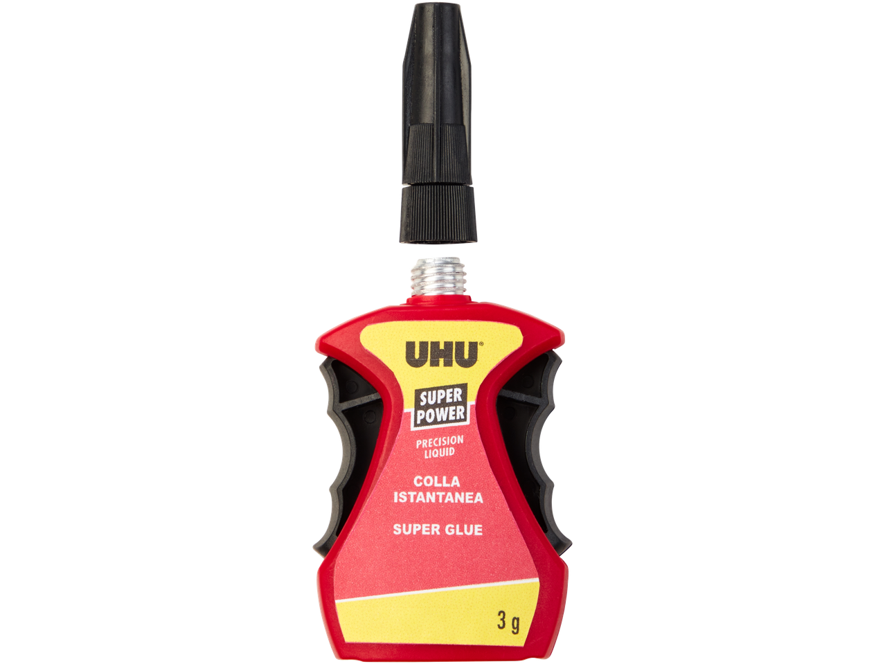 UHU Super Power Super Glue, red and yellow bottle with black cap.