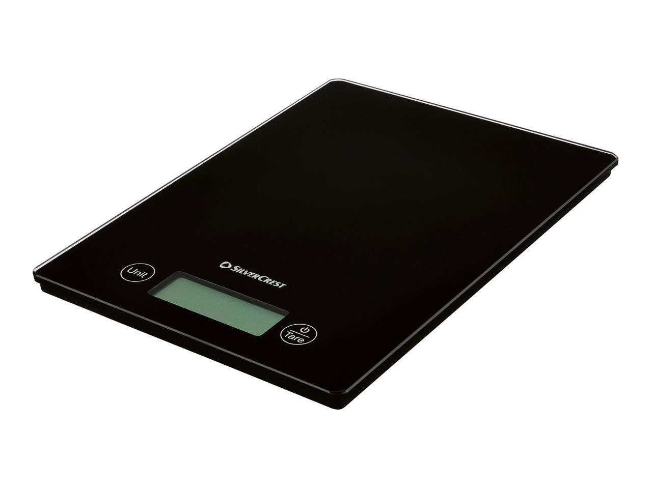 Black digital kitchen scale with a display and two buttons for unit and tare functions.