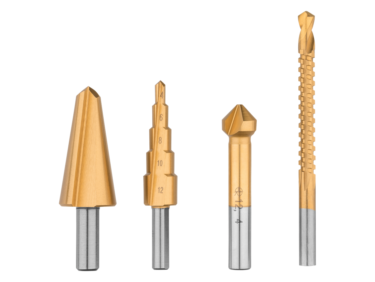 PARKSIDE® drill bit assortment including step drills, countersink, and wood drill bits.