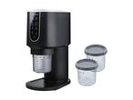 Black ice cream maker with multiple settings and two clear containers.