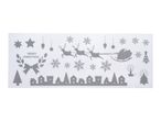 Glittery Christmas window stickers featuring Santa, reindeer, snowflakes, and a village skyline.