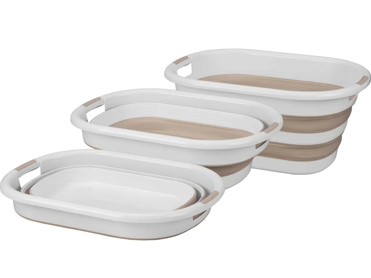 Tre cesti pieghevoli in plastica bianca e beige, di diverse dimensioni, impilati.