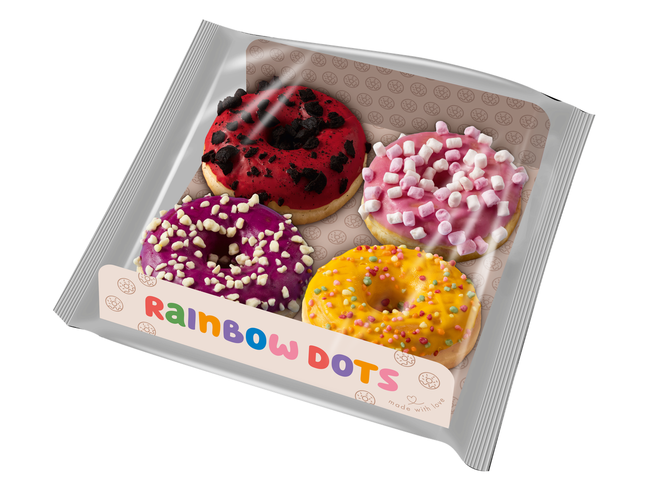 Rainbow Dots donuts in een verpakking.