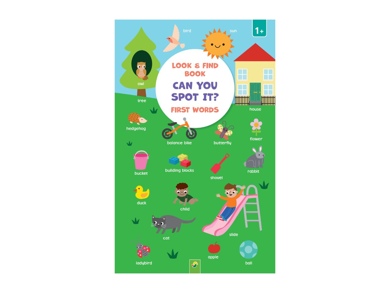 Colorful cover of a children's look and find book featuring animals, toys, and outdoor objects.