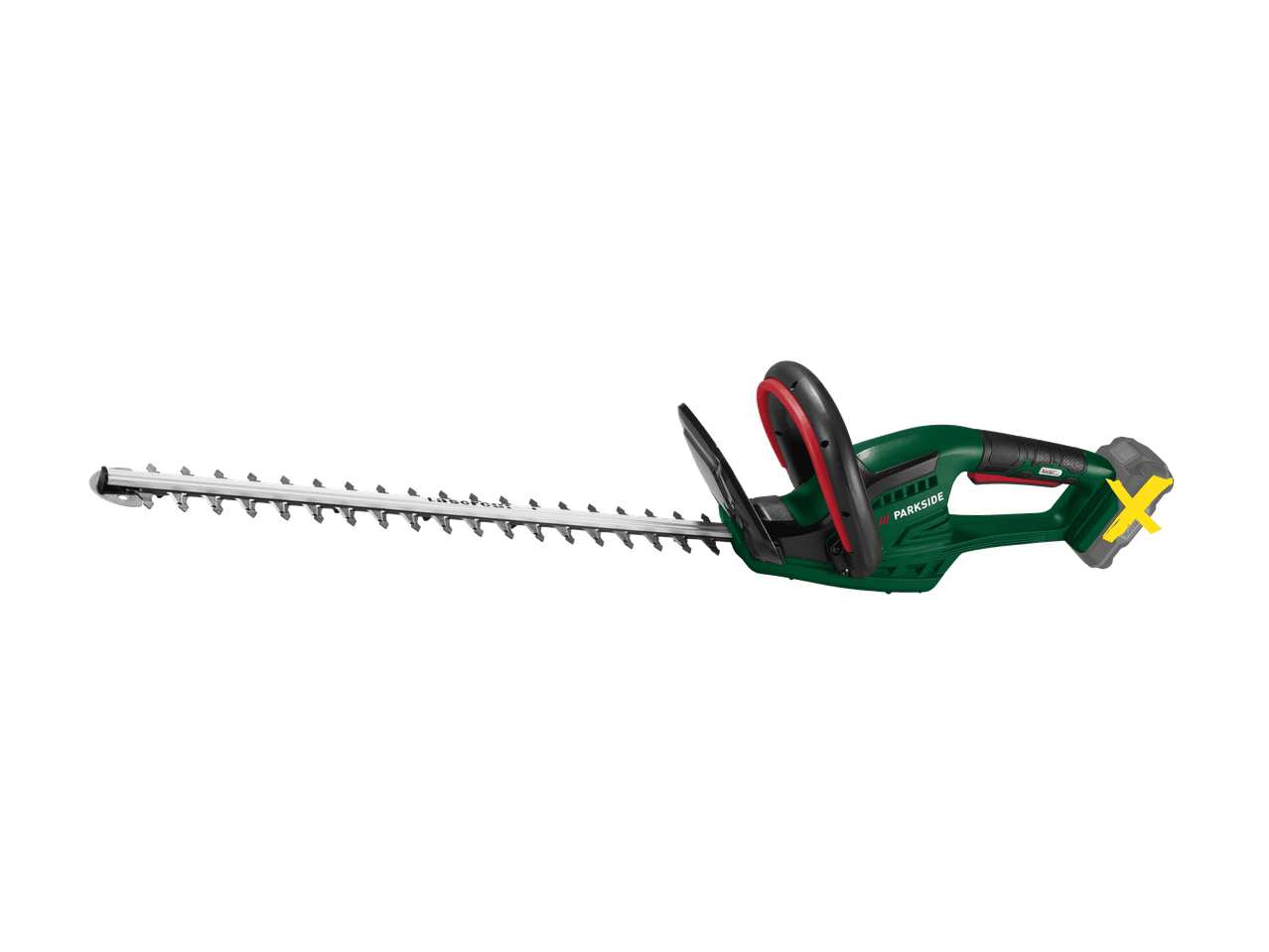 Taille-haie sans fil vert et noir avec une longue lame tranchante, une poignée ergonomique et une batterie amovible.