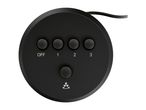 A black circular remote control with four buttons and a central button, likely for controlling lighting or similar devices.