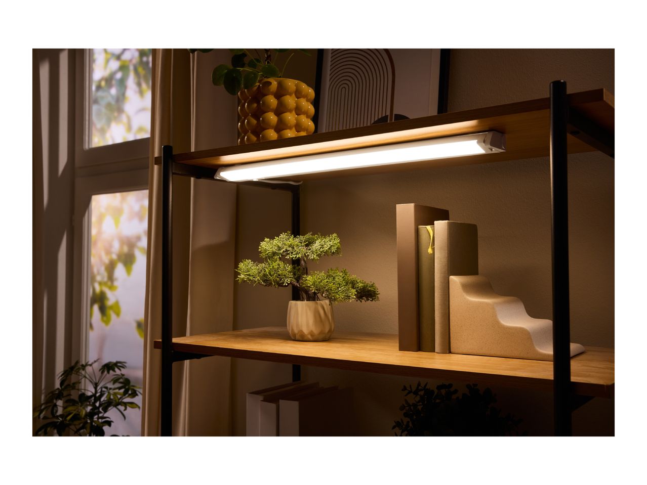 Bookshelf with a plant, books, and an under-shelf LED light strip.