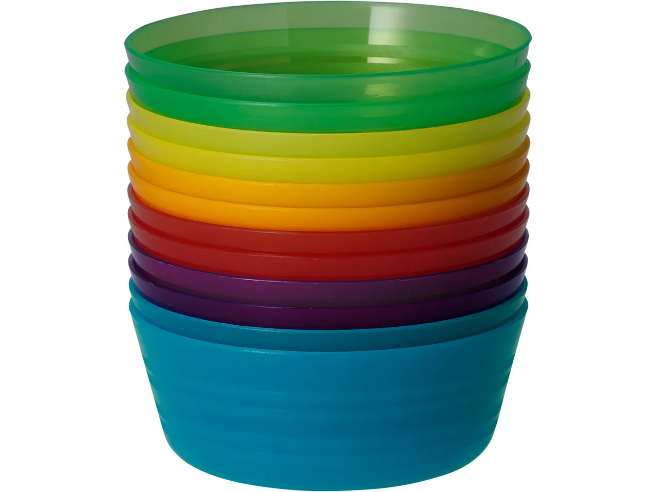 Una pila di ciotole di plastica color arcobaleno impilate.