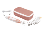 White and rose gold electric nail file with various attachments, a USB cable, and a pink carrying case.