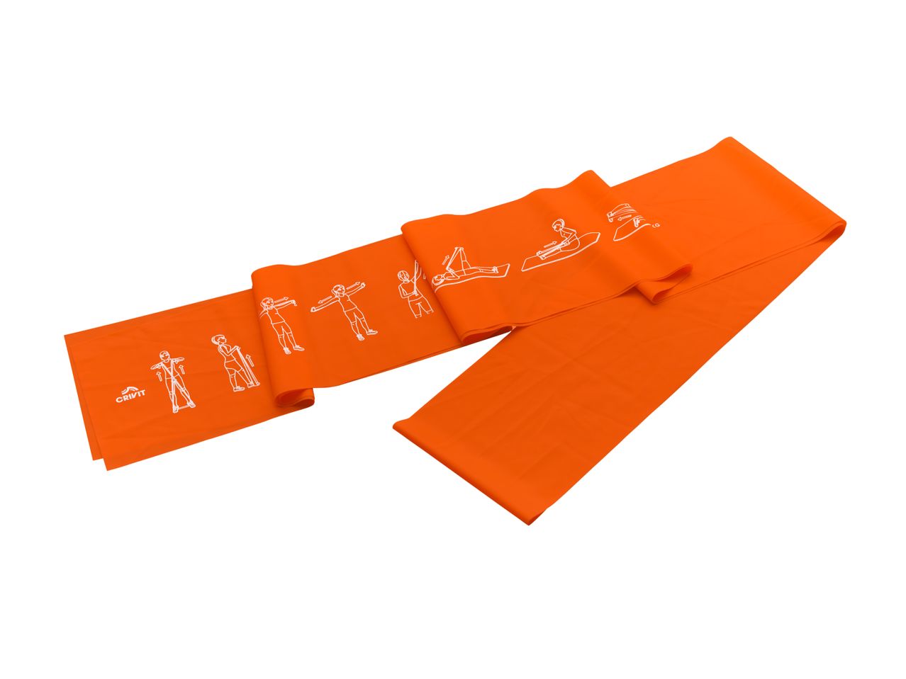 Orange resistance band with white illustrations of various exercises.