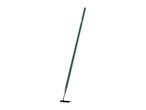 A green garden hoe with a long handle and a black blade.
