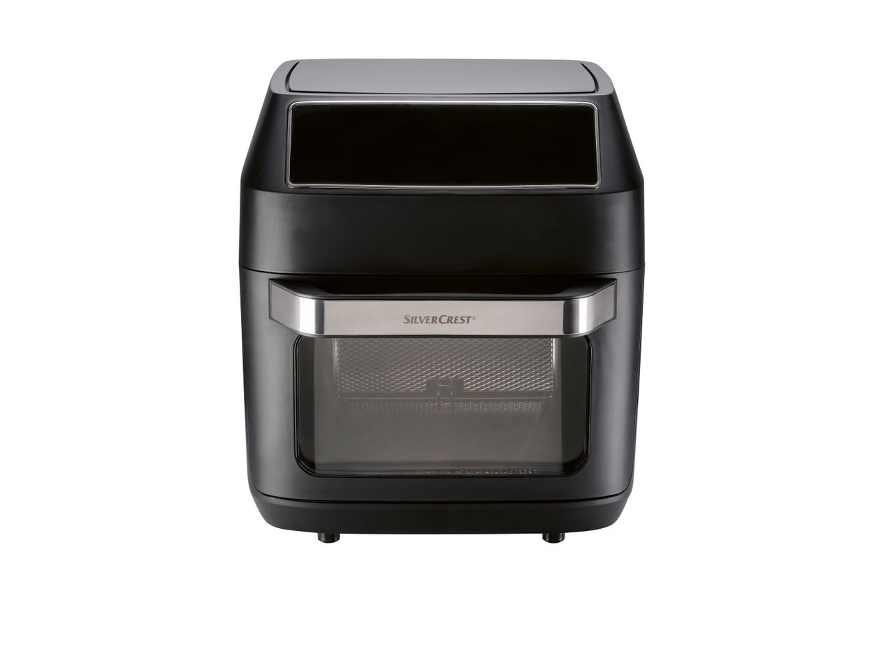 A black SilverCrest air fryer with a transparent window and a silver handle.