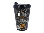 Black reusable coffee cup with lid and chalk-style illustrations