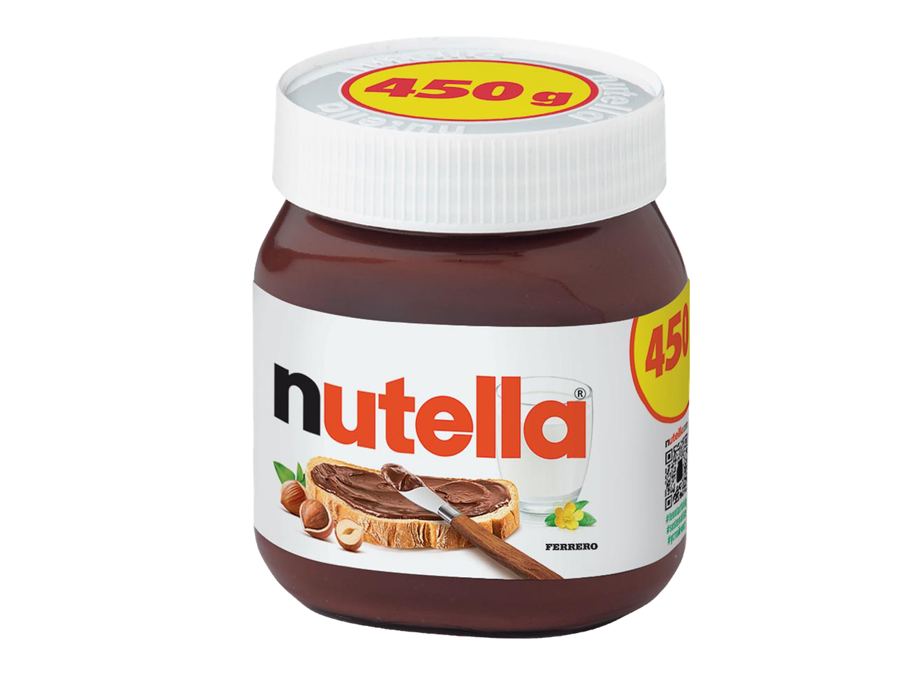 450g-os mogyorókrém üvegben, pirítóssal, mogyoróval és tejjel