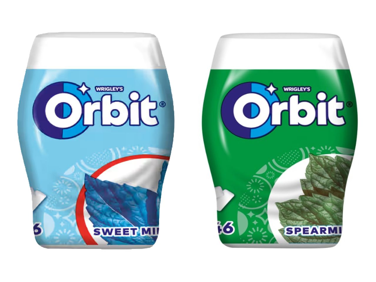 Du „Orbit“ kramtomosios gumos buteliukai: mėtinės ir pipirmėtės skonio.
