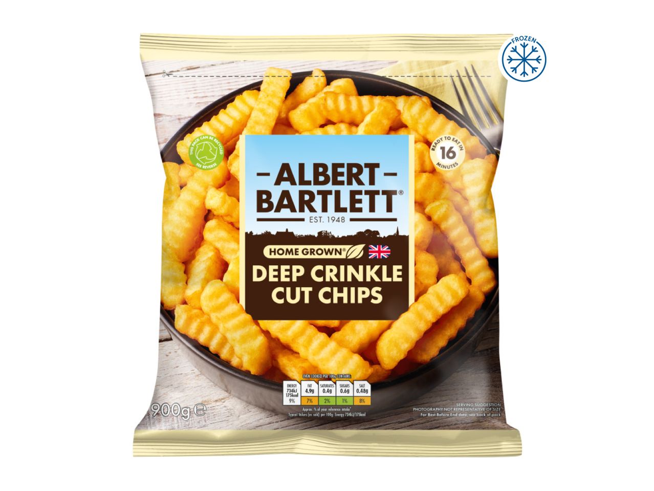 Frozen deep crinkle cut chips in a 900g bag, ready in 16 minutes, with nutritional information.
