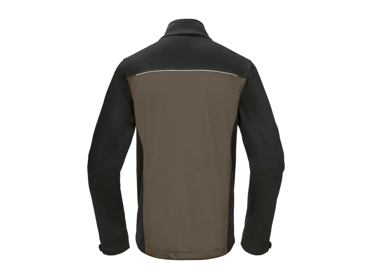 Men's black and brown softshell jacket with a reflective stripe on the back