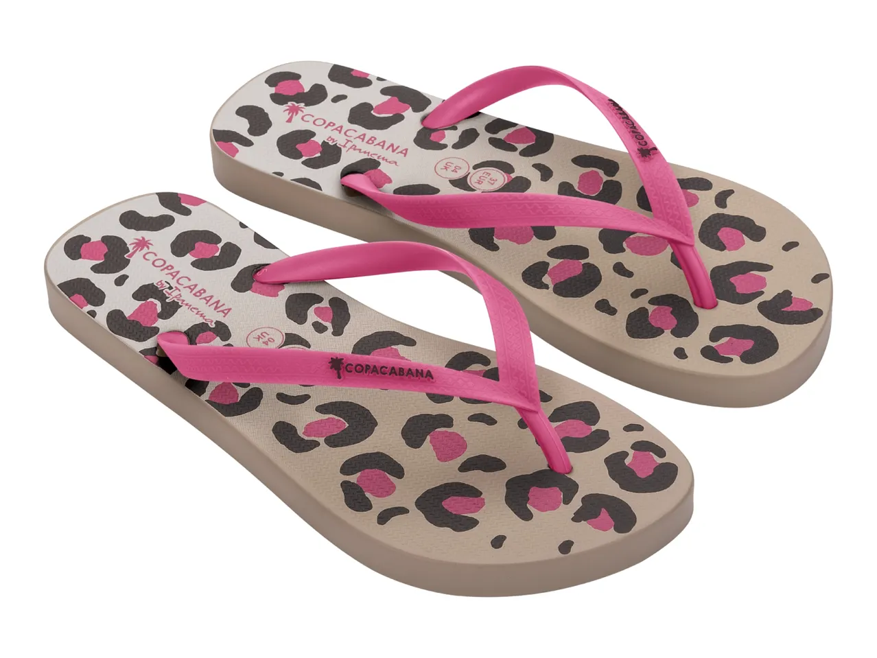 Pair of beige flip-flops with a pink and dark grey leopard print and pink straps.