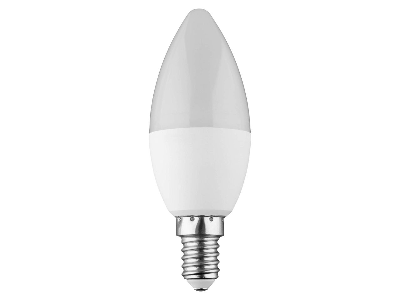 A white LED candle light bulb with a frosted top and a screw base