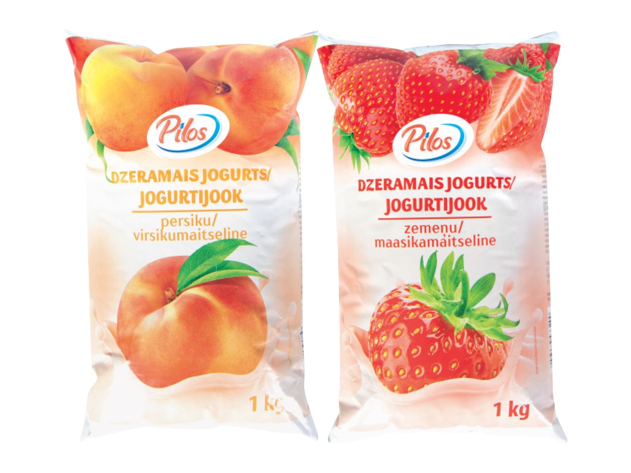 Divi Pilos dzeramā jogurta iepakojumi: persiku un zemeņu.