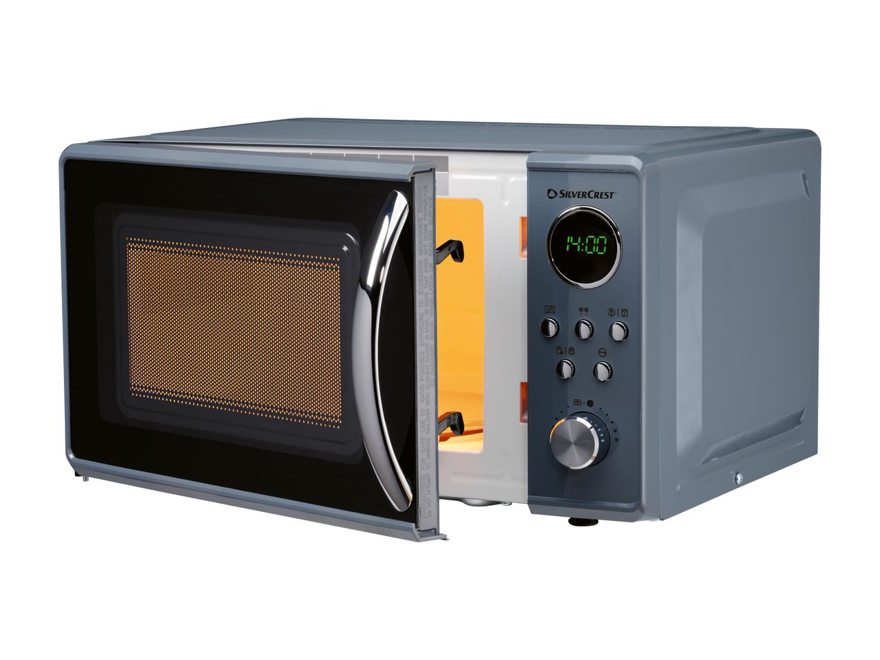 A SilverCrest microwave oven with its door open, displaying a digital clock set to 14:00.