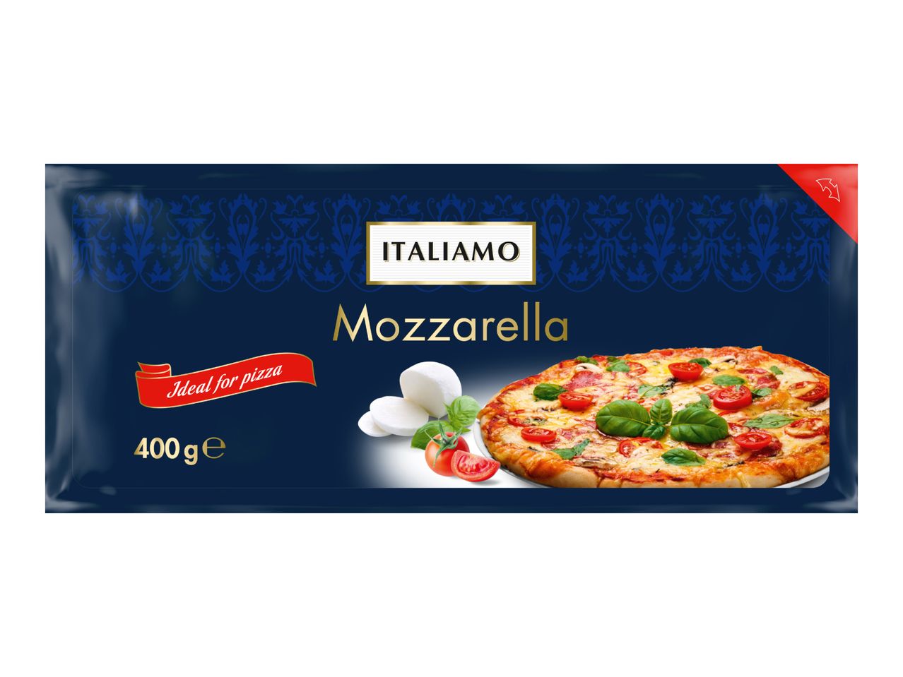 Mozzarella cheese packaging with a pizza, tomatoes, and basil, ideal for pizza, 400g.