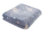 A folded blue fuzzy blanket with white glow-in-the-dark stars and planets.